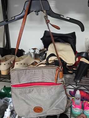 Dooney & Bourke Beige and Brown Crossbody Shoulder Bag with Red Accent